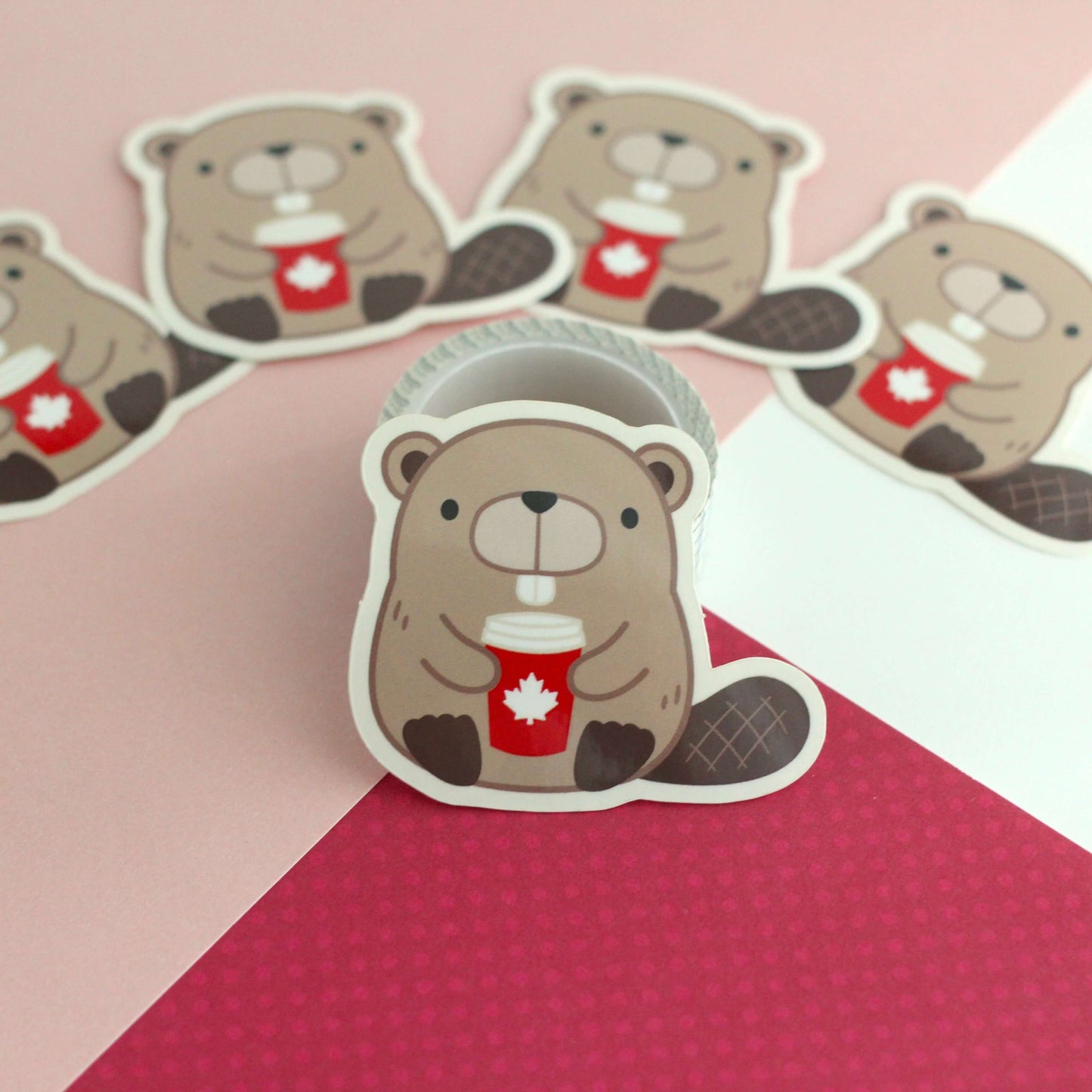 Beaver with Red Maple Leaf Coffee Cup Vinyl Sticker