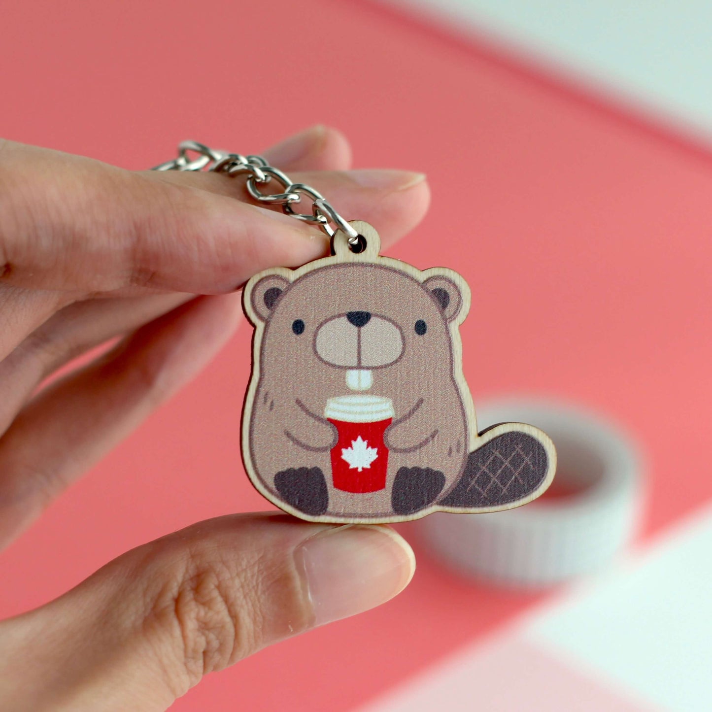 Beaver with Red Maple Leaf Coffee Cup Wooden Keychain