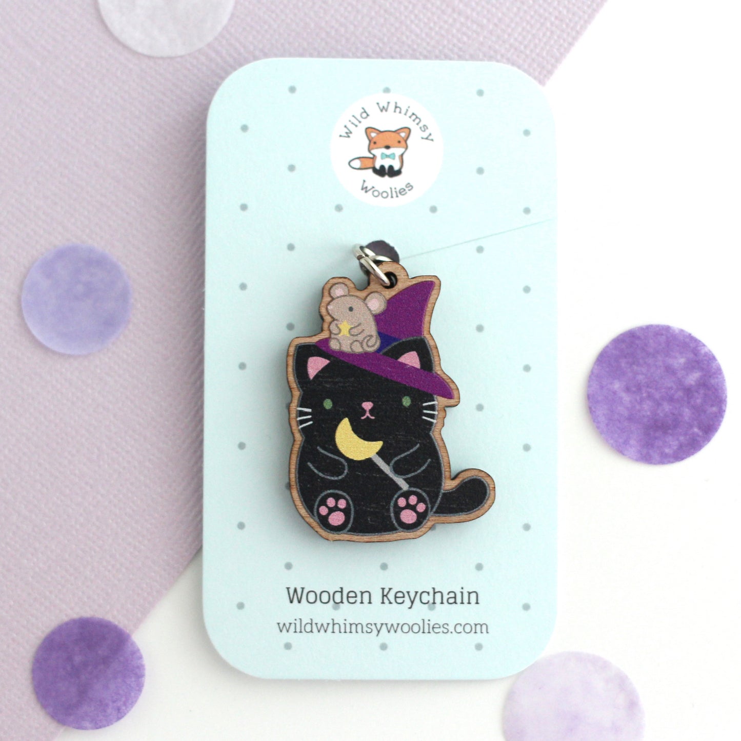 Black Cat Wooden Keychain. Halloween Cat Witch Wood Charm