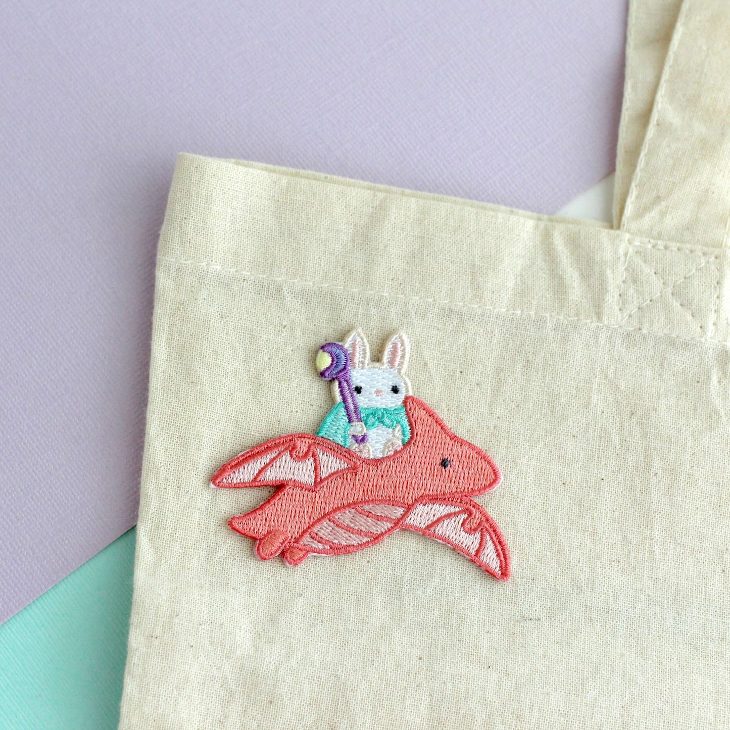 Bunny Mage Riding Dragon Embroidered Iron-On Patch