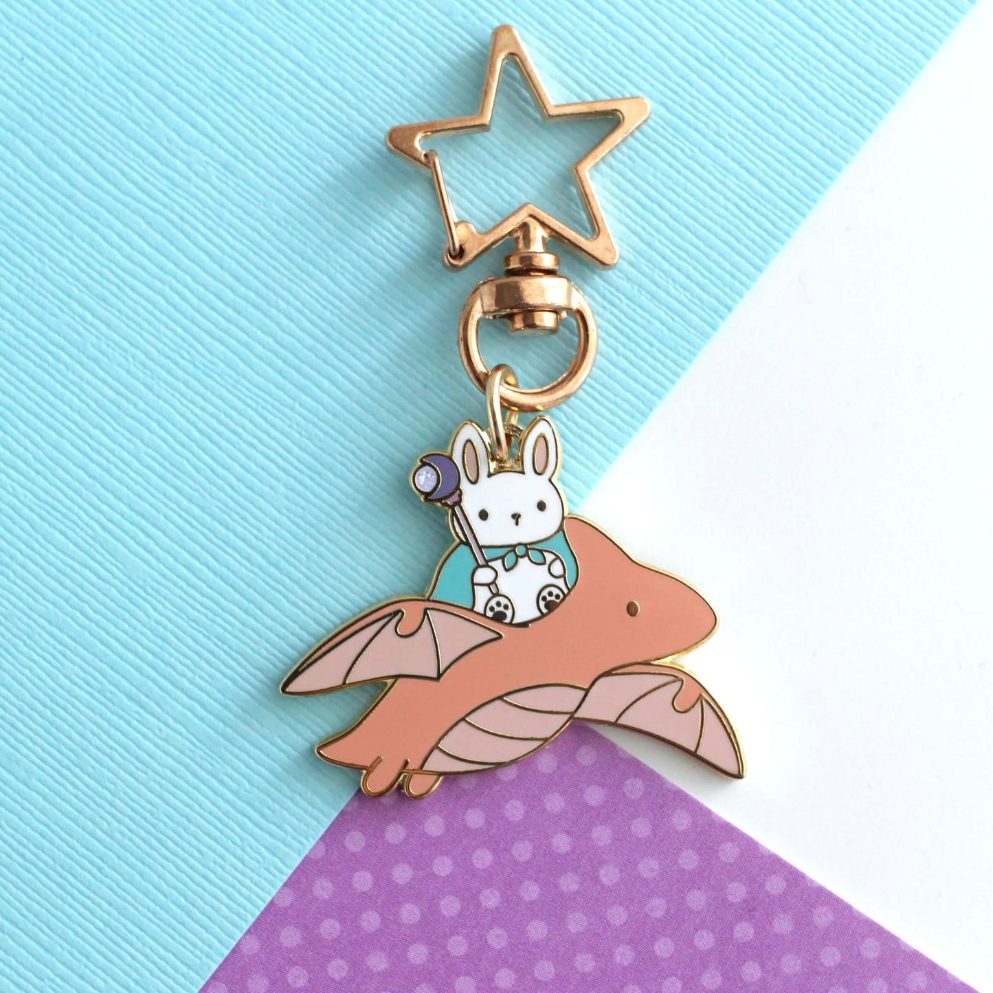 Bunny Mage and Dragon Enamel Keychain (Coral Dragon Variant)