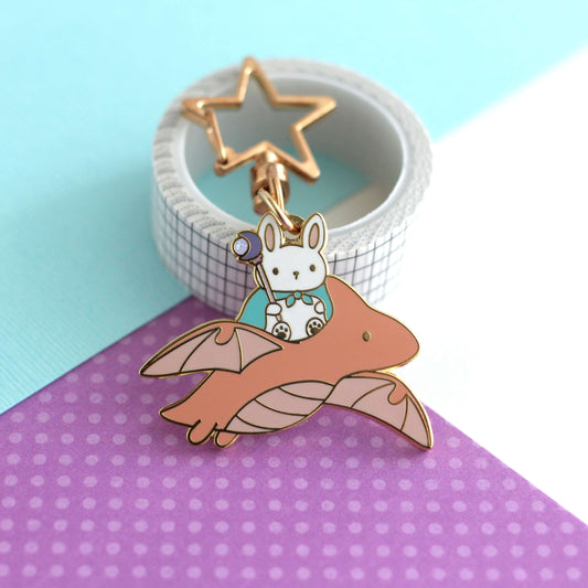 Bunny Mage and Dragon Enamel Keychain (Coral Dragon Variant)