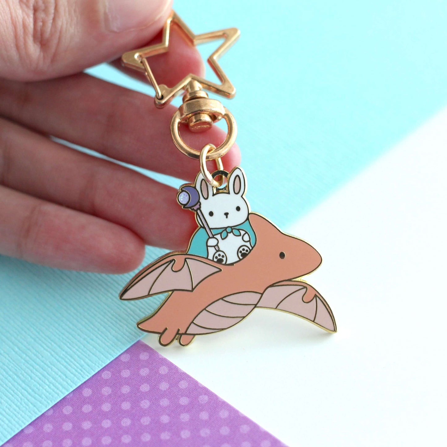 Bunny Mage and Dragon Enamel Keychain (Coral Dragon Variant)