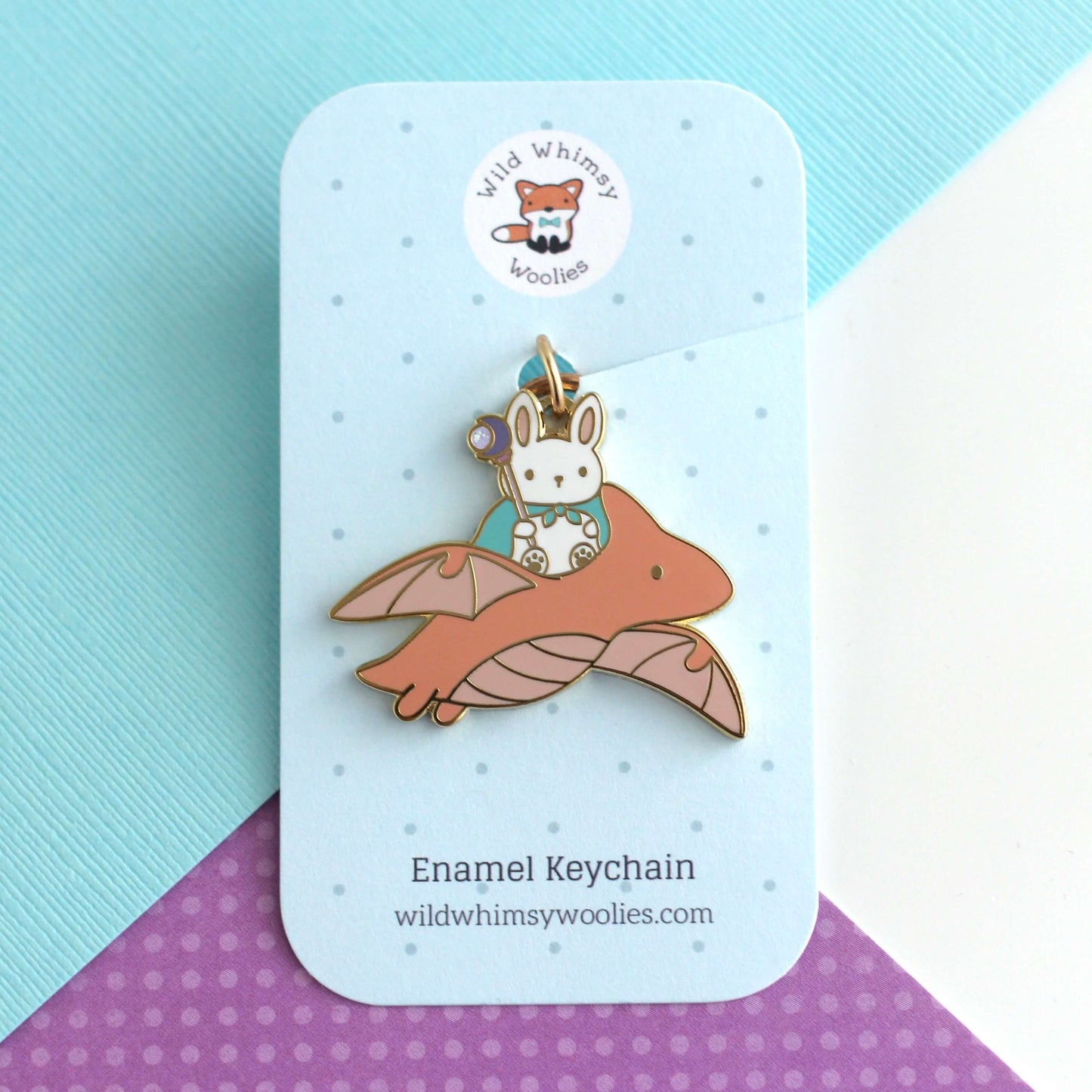 Bunny Mage and Dragon Enamel Keychain (Coral Dragon Variant)