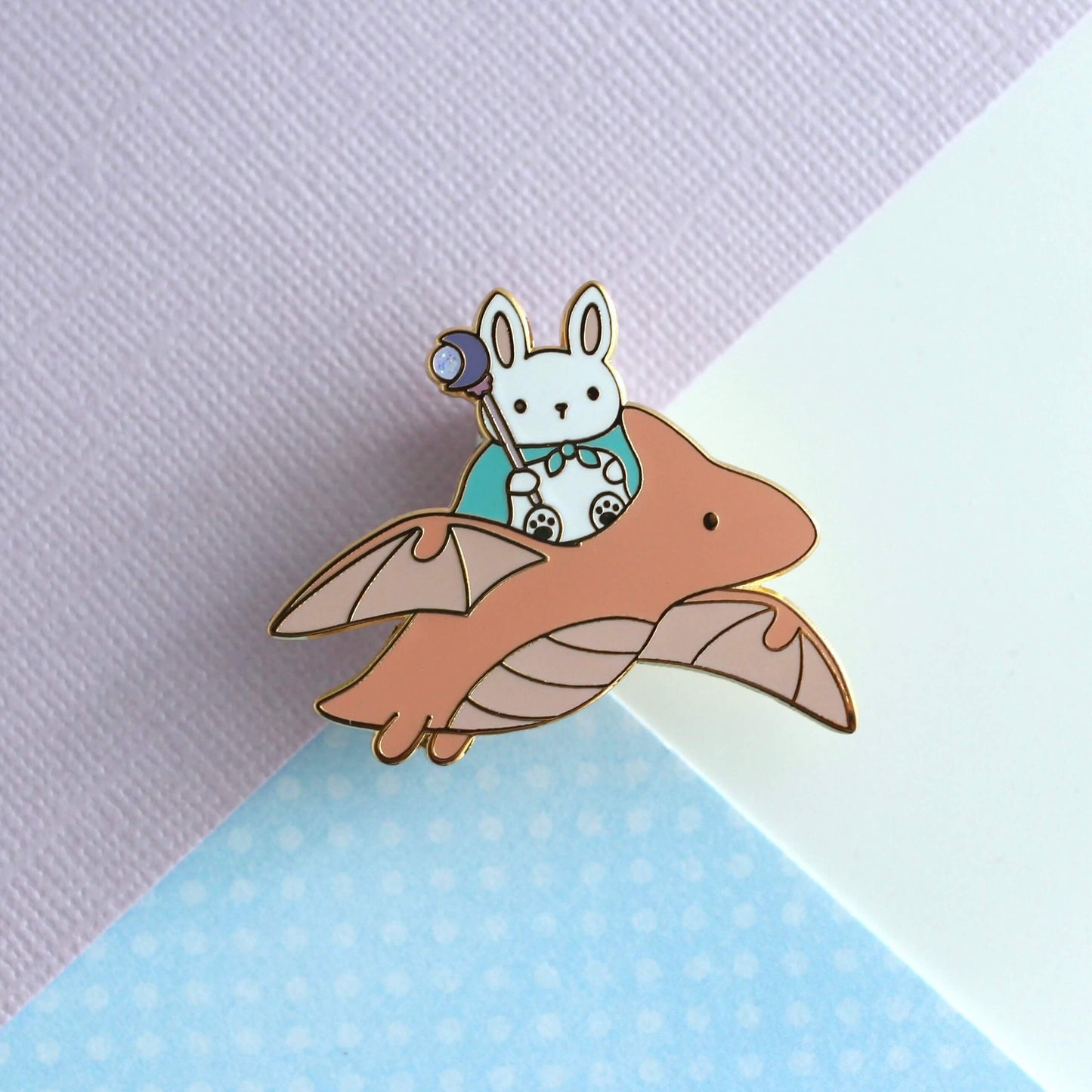 Bunny Mage and Dragon Enamel Pin (Coral Dragon Variant)