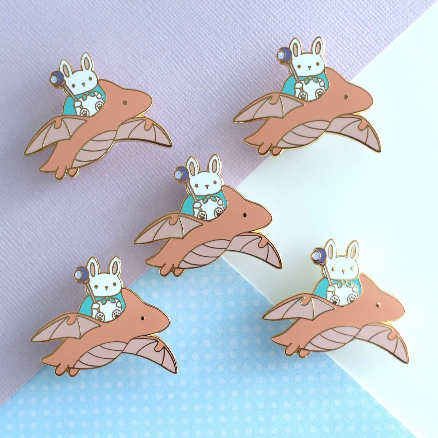 Bunny Mage and Dragon Enamel Pin (Coral Dragon Variant)