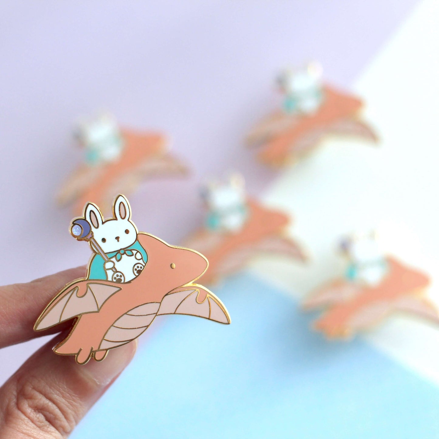 Bunny Mage and Dragon Enamel Pin (Coral Dragon Variant)