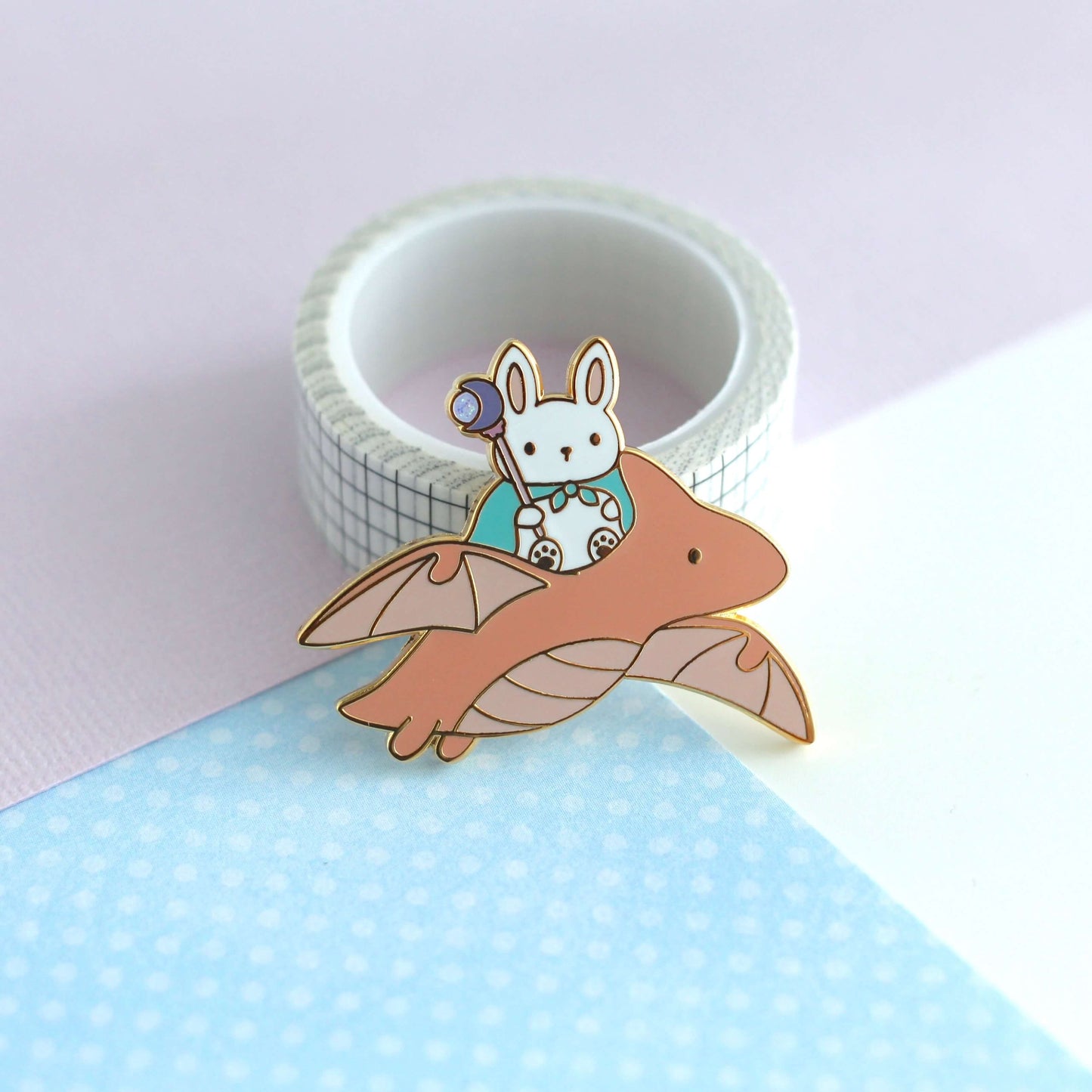Bunny Mage and Dragon Enamel Pin (Coral Dragon Variant)
