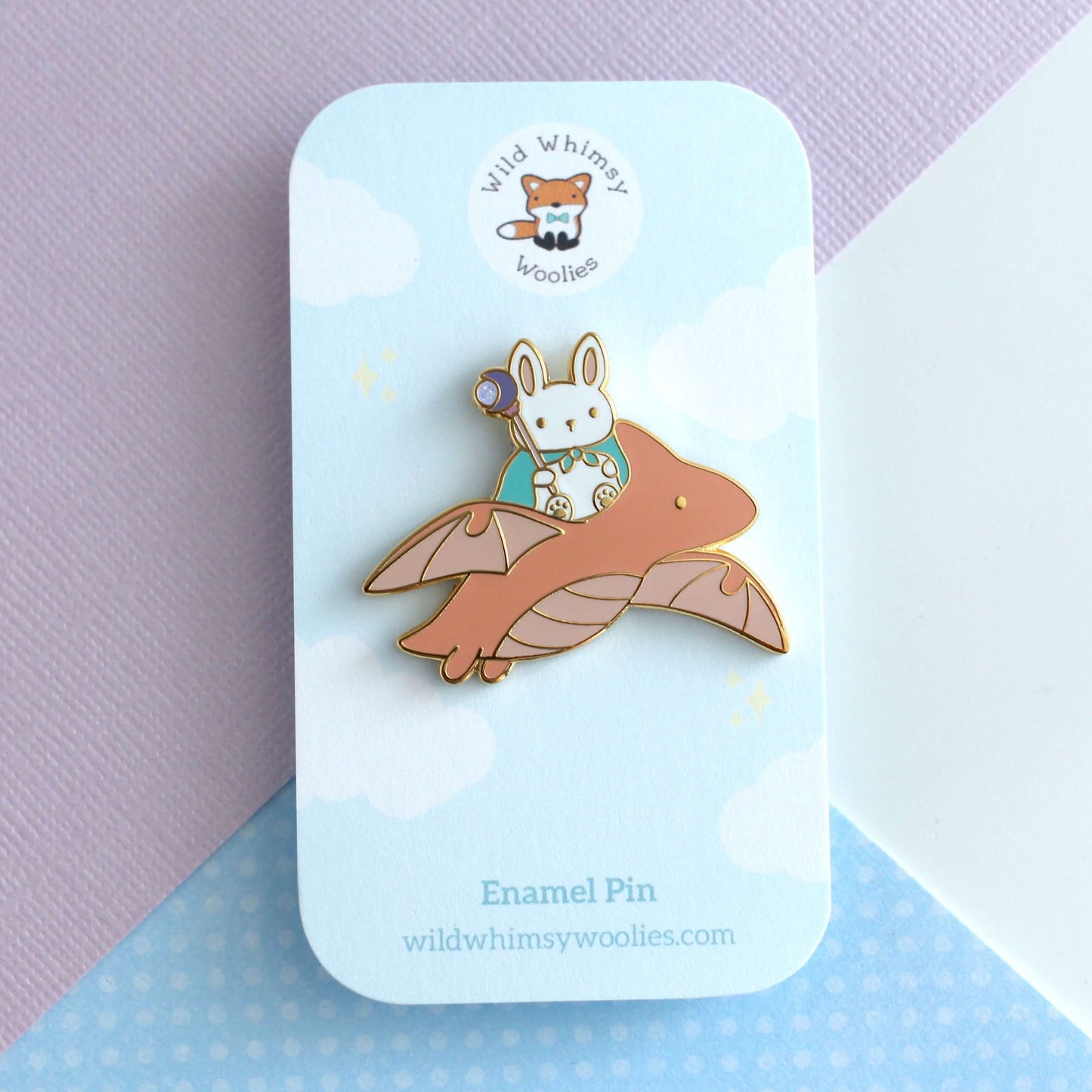 Bunny Mage and Dragon Enamel Pin (Coral Dragon Variant)