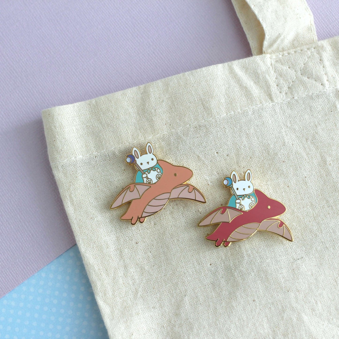 Bunny Mage and Dragon Enamel Pin (Coral Dragon Variant)