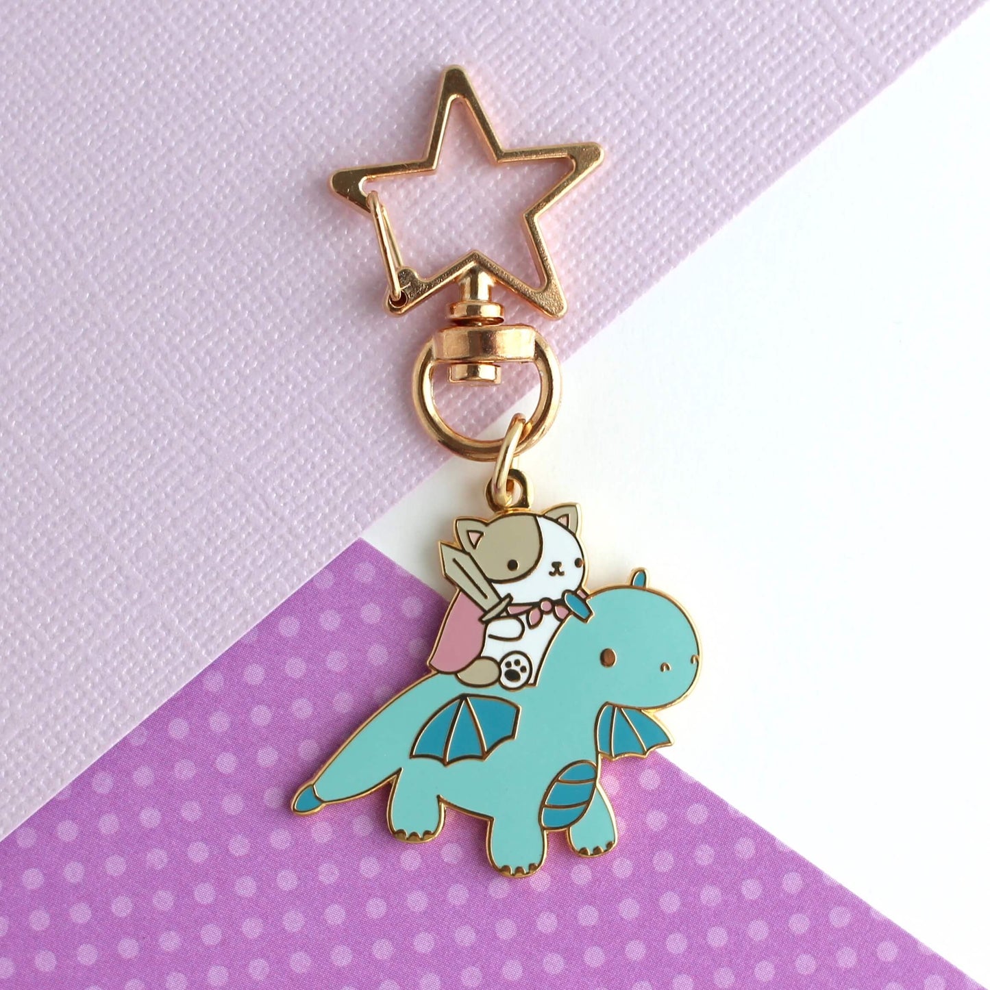 Cat and Dragon Knight Enamel Keychain (Blue)