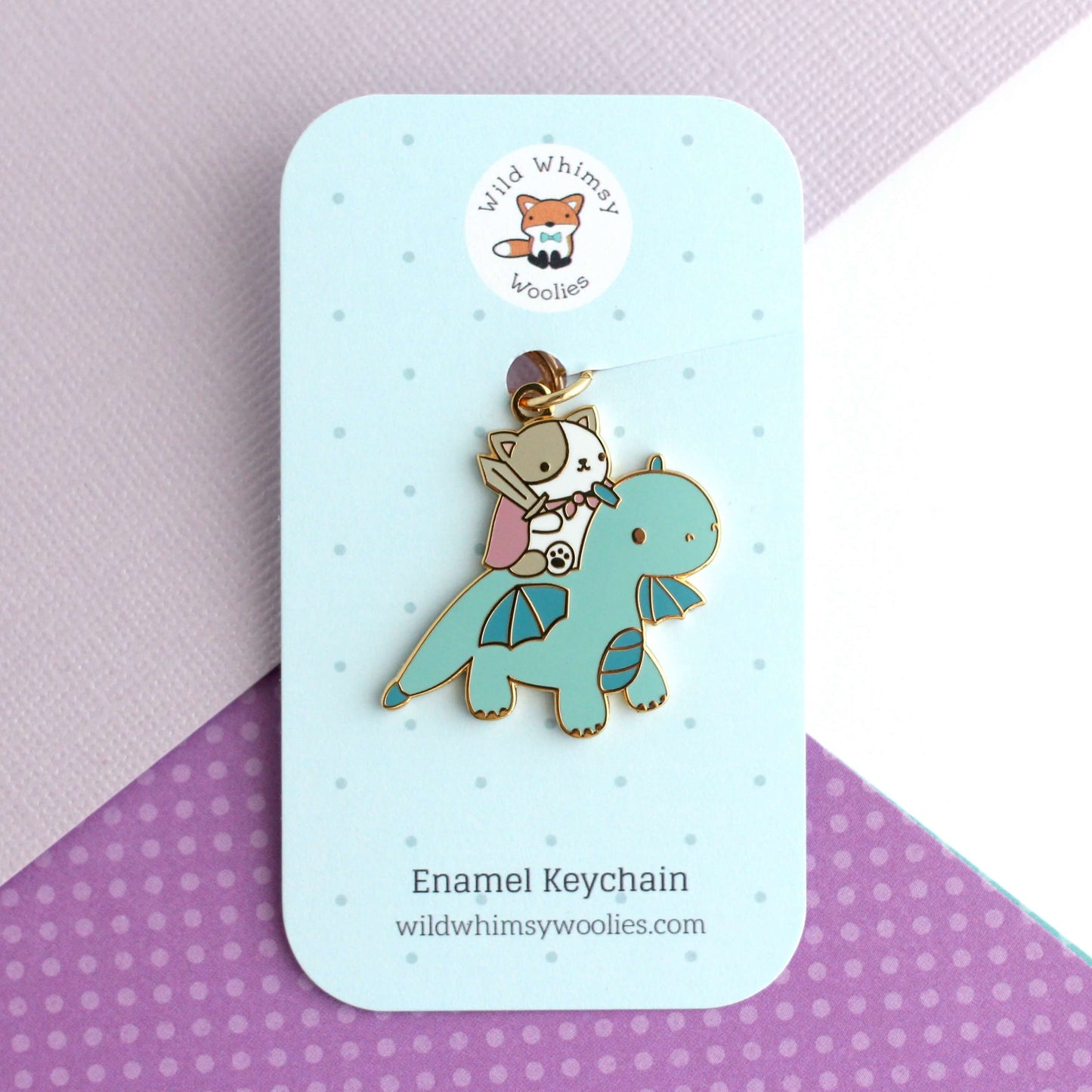 Cat and Dragon Knight Enamel Keychain (Blue)