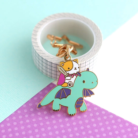 Cat and Dragon Knight Enamel Keychain (Turquoise)