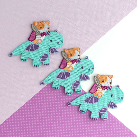 Cat Riding Dragon Embroidered Iron On Patch