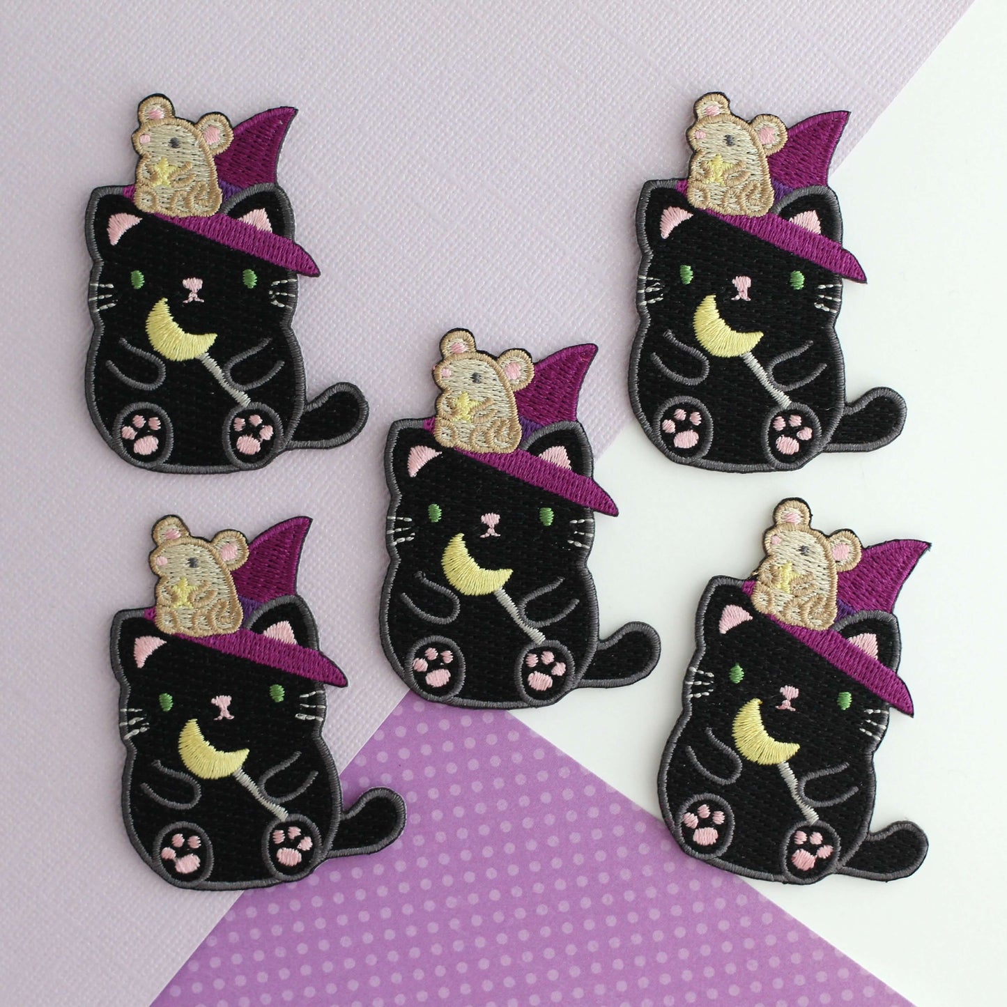 Witch Black Cat w Mouse Familiar Embroidered Patch