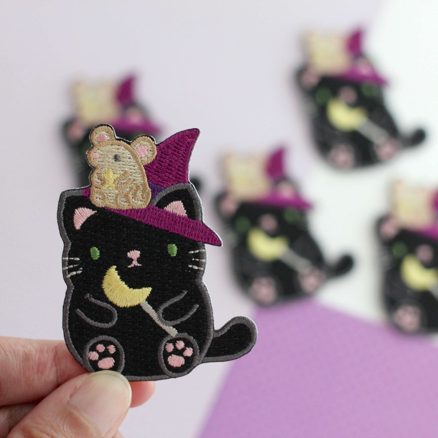 Witch Black Cat w Mouse Familiar Embroidered Patch