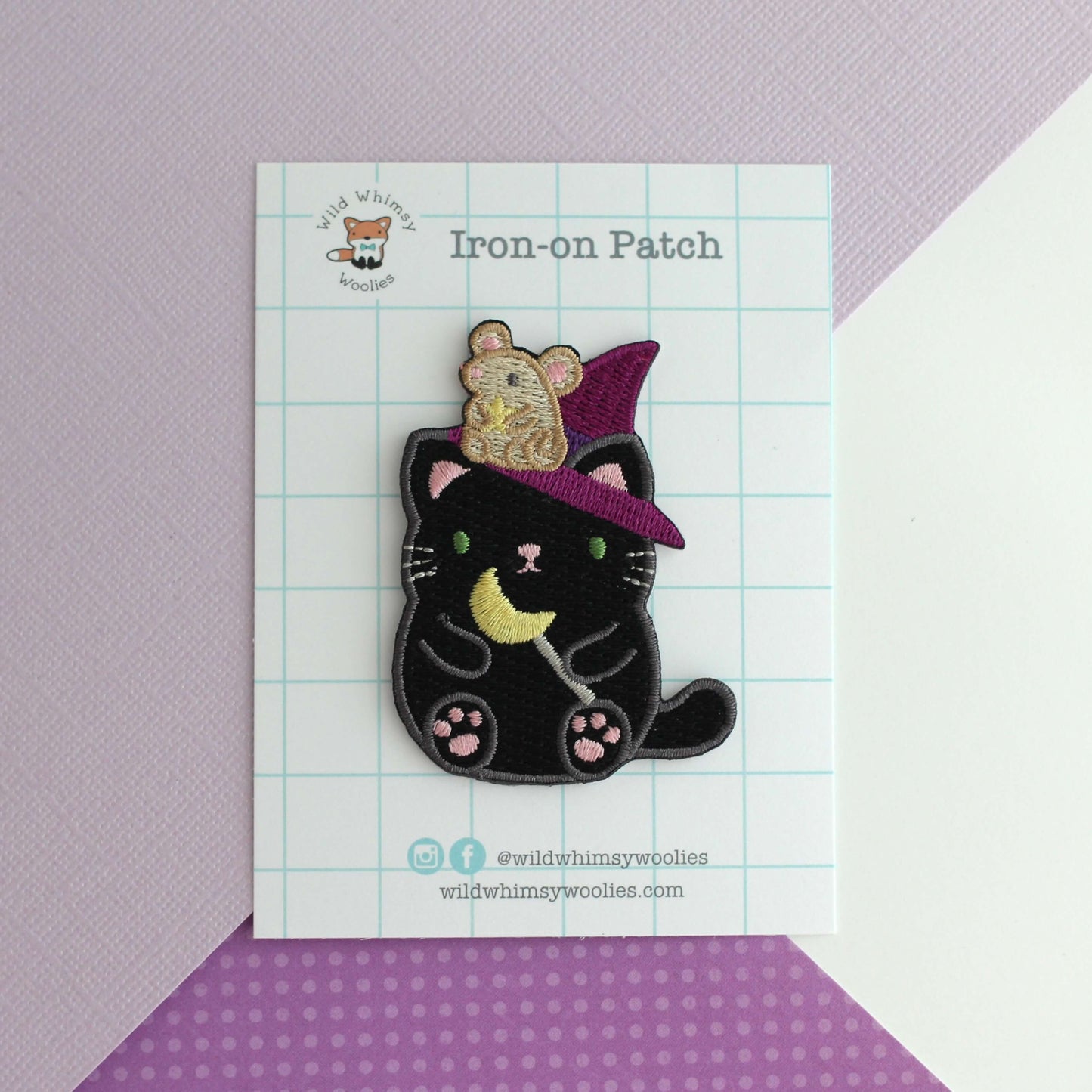 Witch Black Cat w Mouse Familiar Embroidered Patch