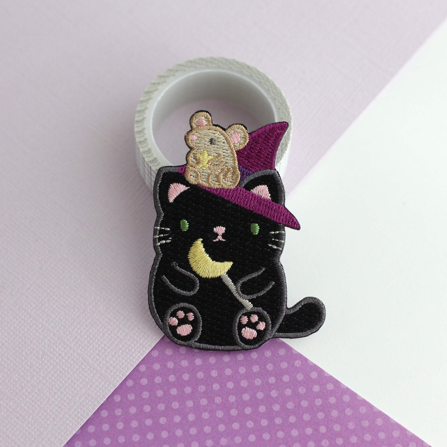 Witch Black Cat w Mouse Familiar Embroidered Patch