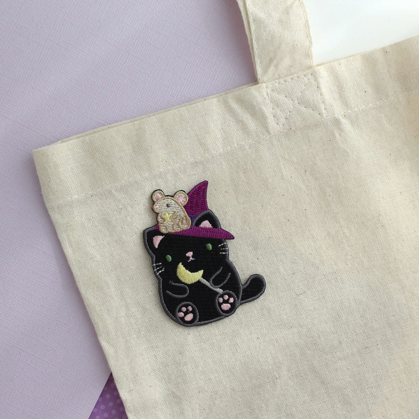 Witch Black Cat w Mouse Familiar Embroidered Patch