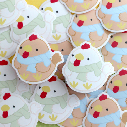 Cozy Brown and White Chicken Clear Vinyl Sticker Duo