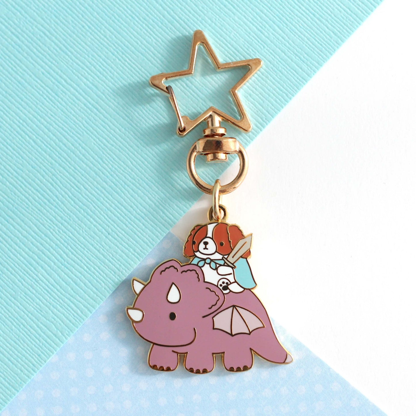 Cavalier King Charles Spaniel Riding a Dragon Enamel Keychain (Plum)