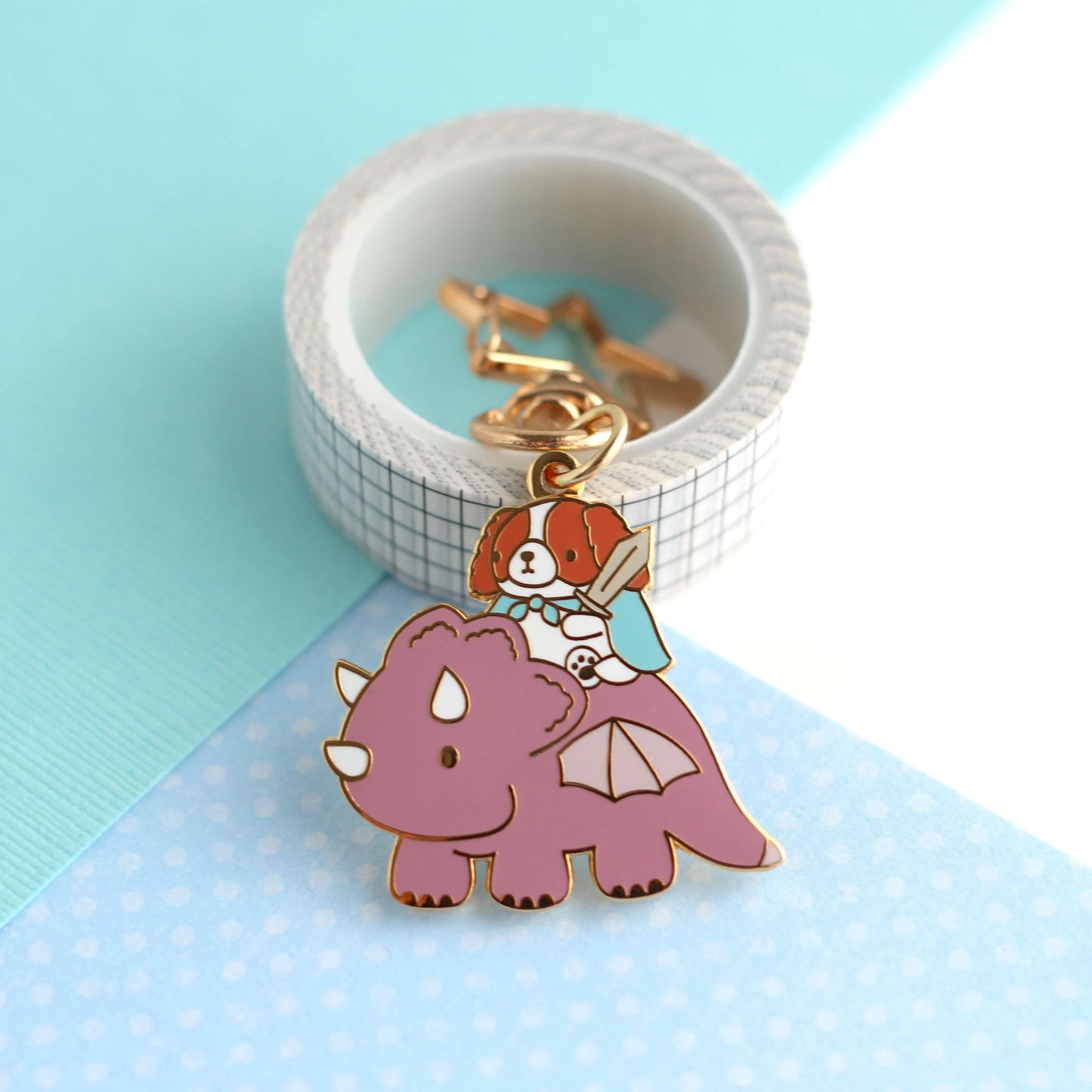 Cavalier King Charles Spaniel Riding a Dragon Enamel Keychain (Plum)