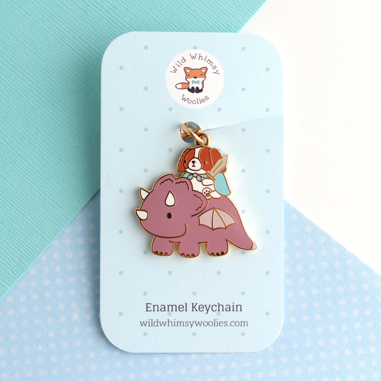 Cavalier King Charles Spaniel Riding a Dragon Enamel Keychain (Plum)