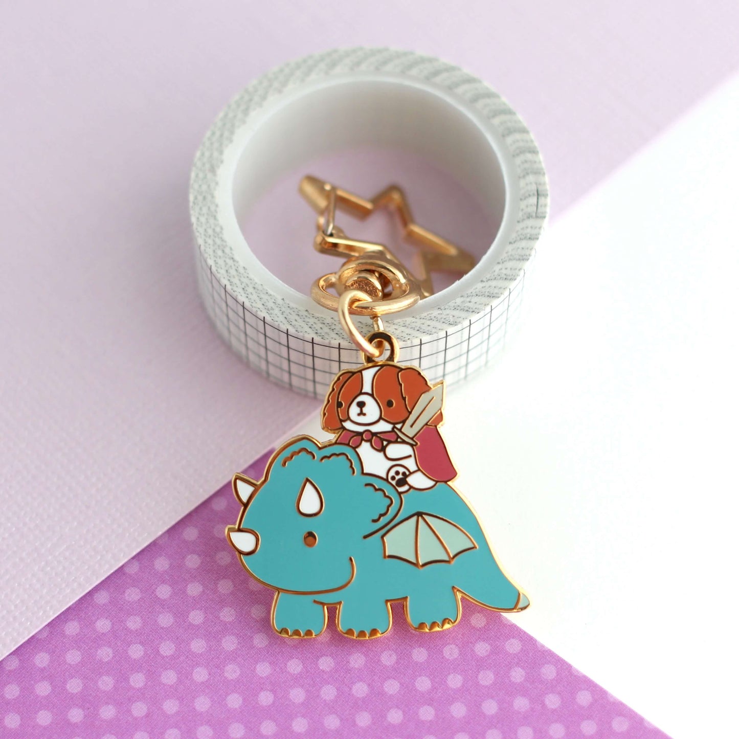 Cavalier King Charles Spaniel Riding a Dragon Enamel Keychain (Teal)