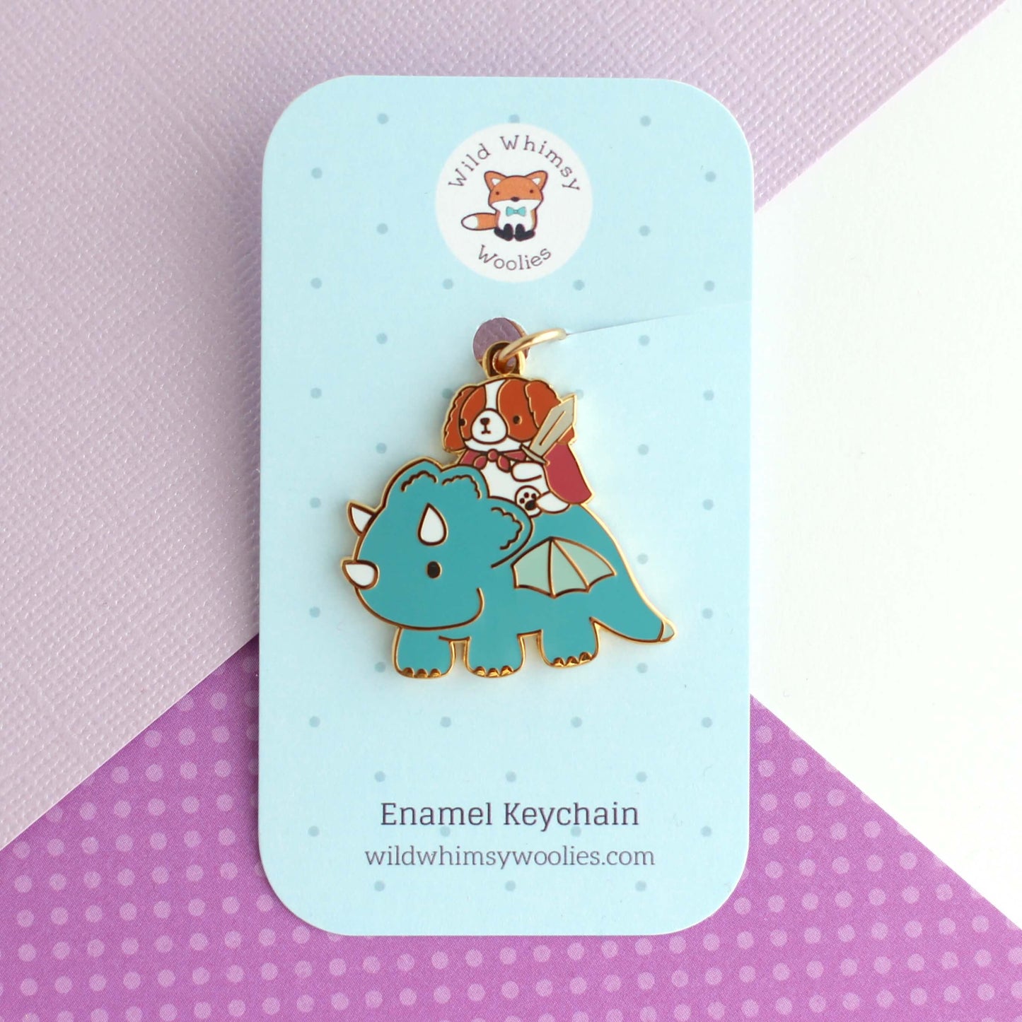 Cavalier King Charles Spaniel Riding a Dragon Enamel Keychain (Teal)