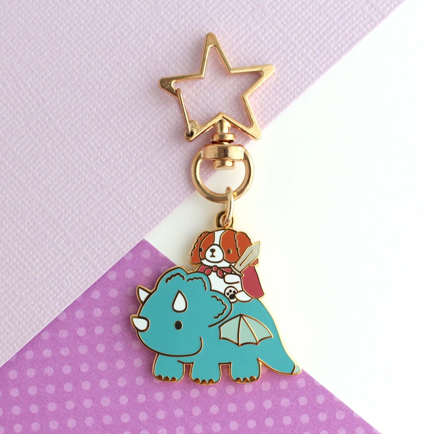 Cavalier King Charles Spaniel Riding a Dragon Enamel Keychain (Teal)
