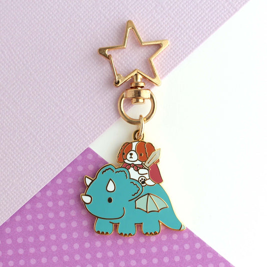 Cavalier King Charles Spaniel Riding a Dragon Enamel Keychain (Teal)