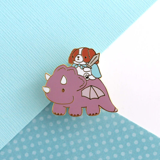 Cavalier King Charles Spaniel Riding a Dragon Enamel Pin (Plum)