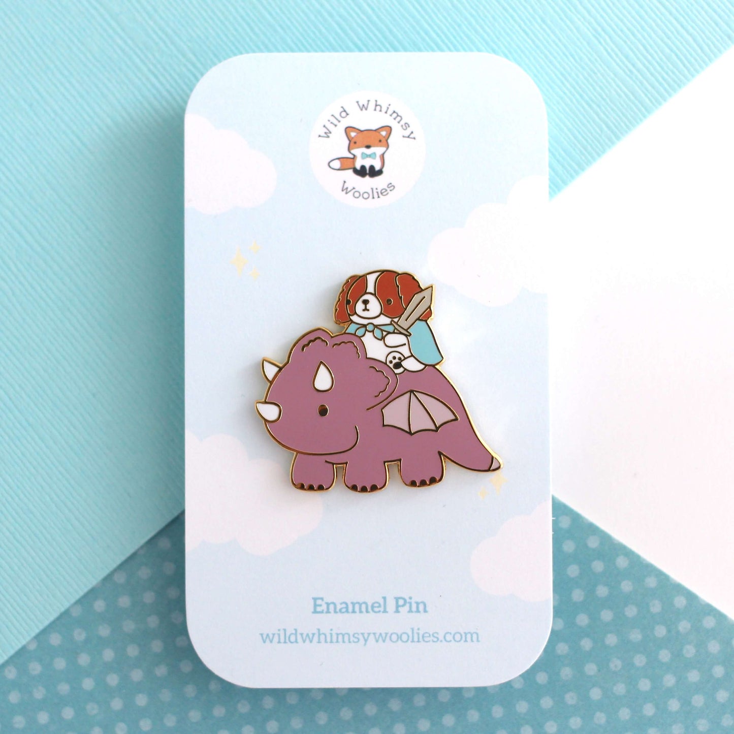 Cavalier King Charles Spaniel Riding a Dragon Enamel Pin (Plum)