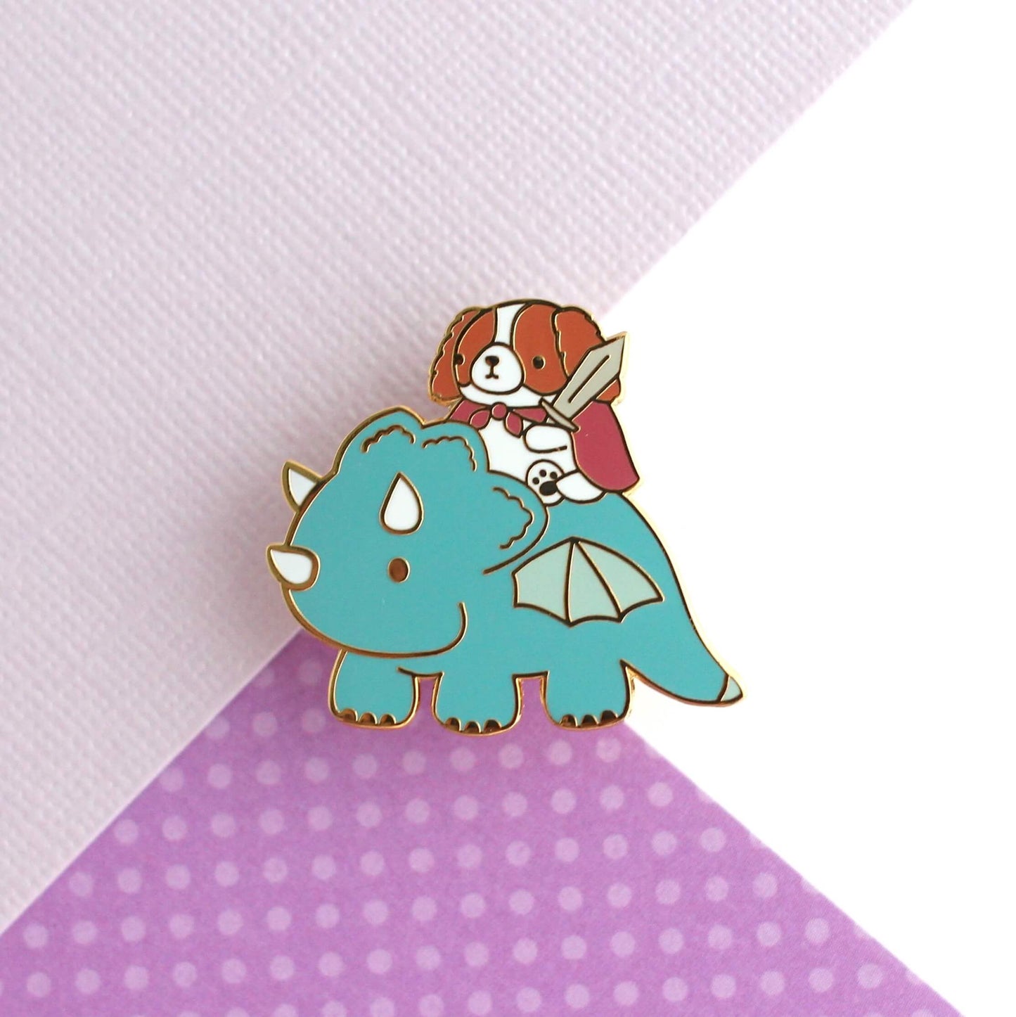 Cavalier King Charles Spaniel Riding a Dragon Enamel Pin (Teal)
