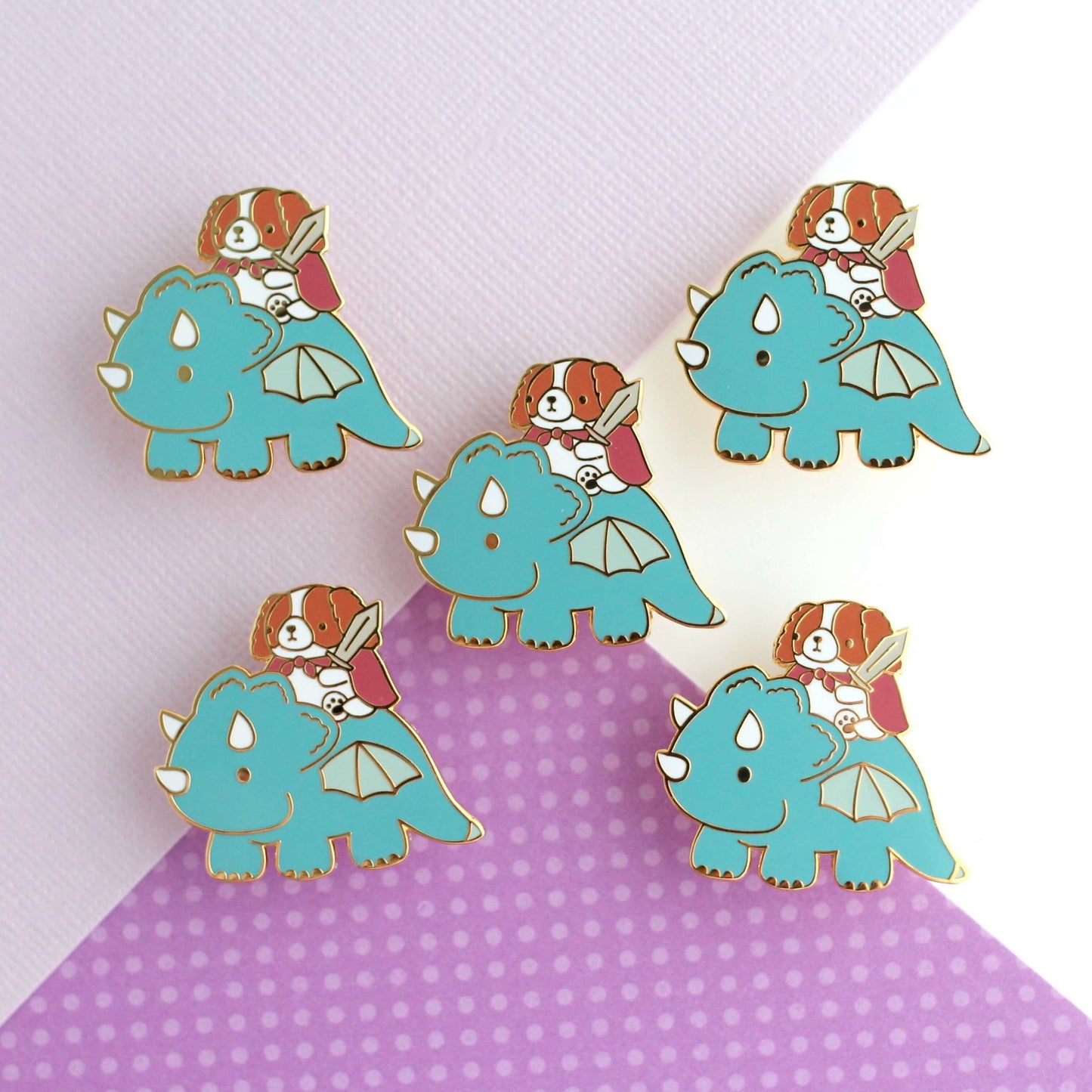 Cavalier King Charles Spaniel Riding a Dragon Enamel Pin (Teal)