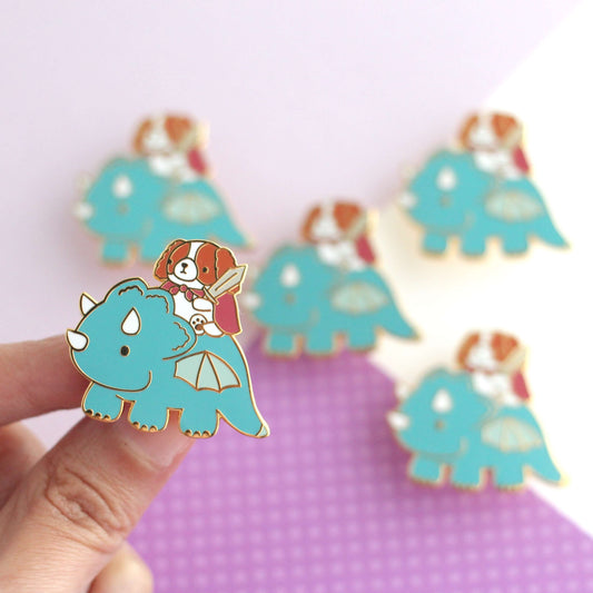 Cavalier King Charles Spaniel Riding a Dragon Enamel Pin (Teal)