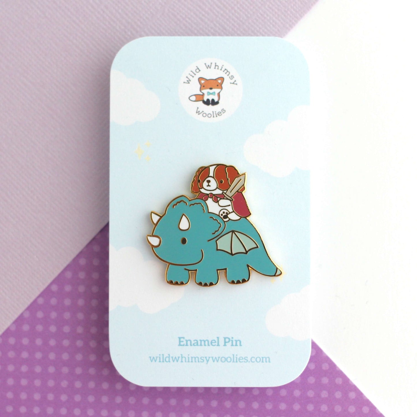 Cavalier King Charles Spaniel Riding a Dragon Enamel Pin (Teal)