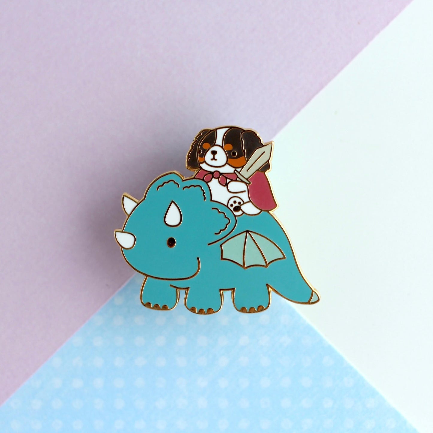Cavalier King Charles Spaniel Riding a Dragon Enamel Pin (Teal Dragon Variant)