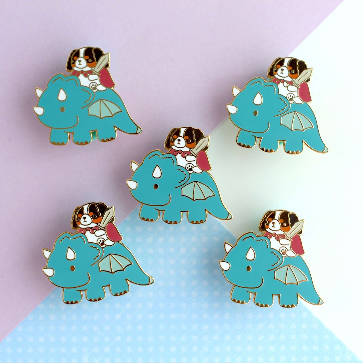 Cavalier King Charles Spaniel Riding a Dragon Enamel Pin (Teal Dragon Variant)