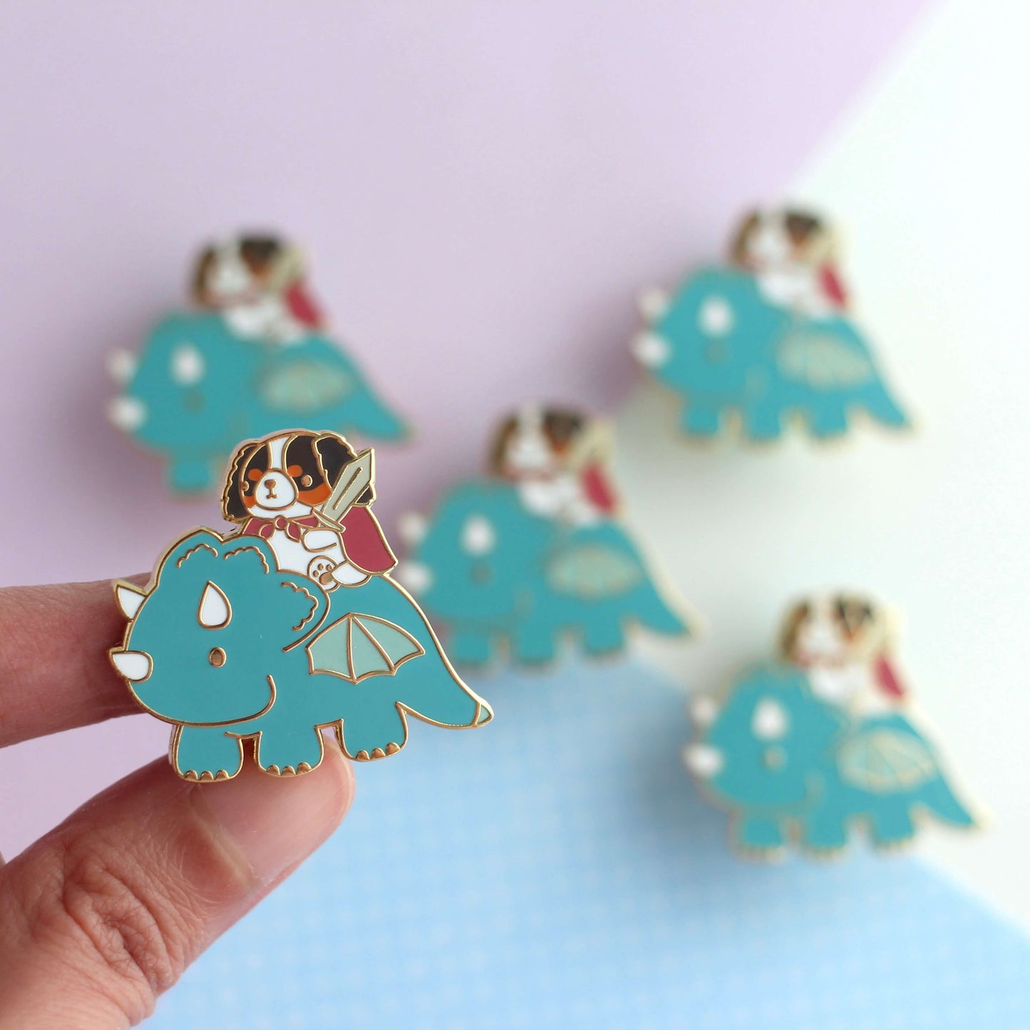 Cavalier King Charles Spaniel Riding a Dragon Enamel Pin (Teal Dragon Variant)