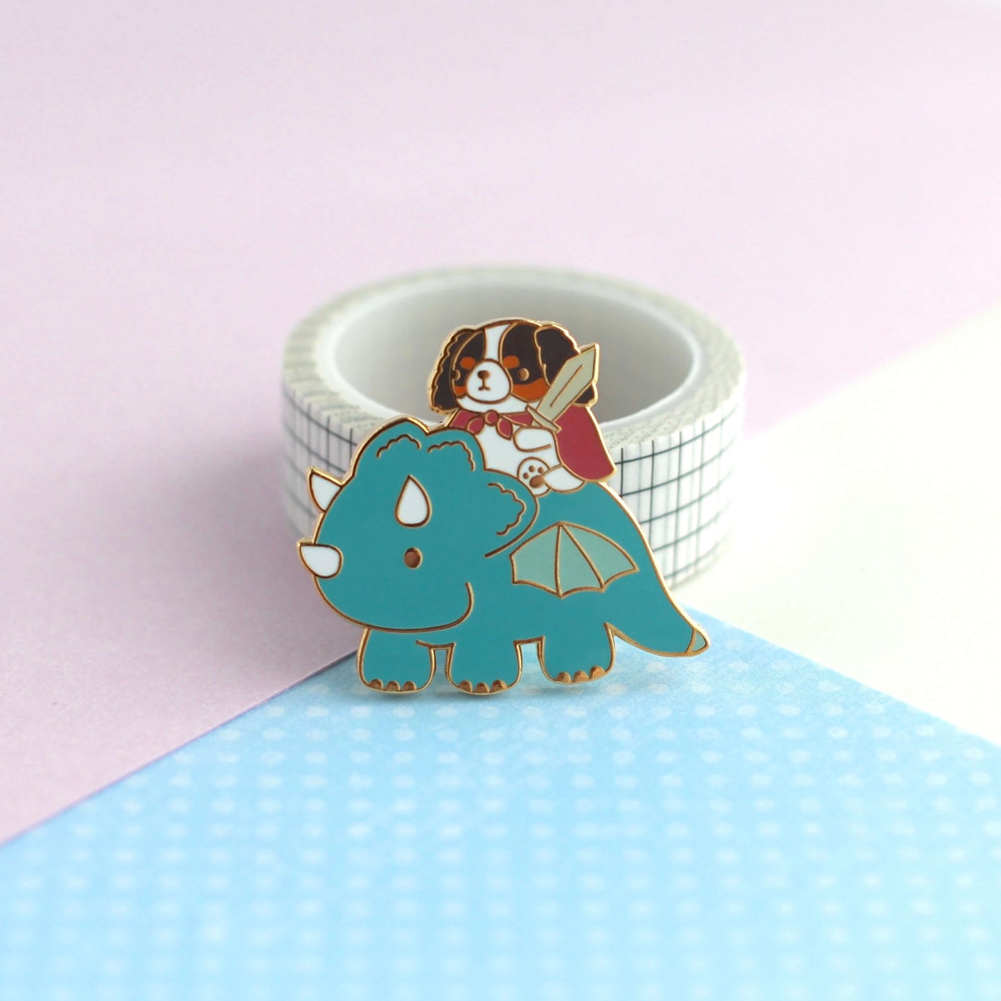 Cavalier King Charles Spaniel Riding a Dragon Enamel Pin (Teal Dragon Variant)