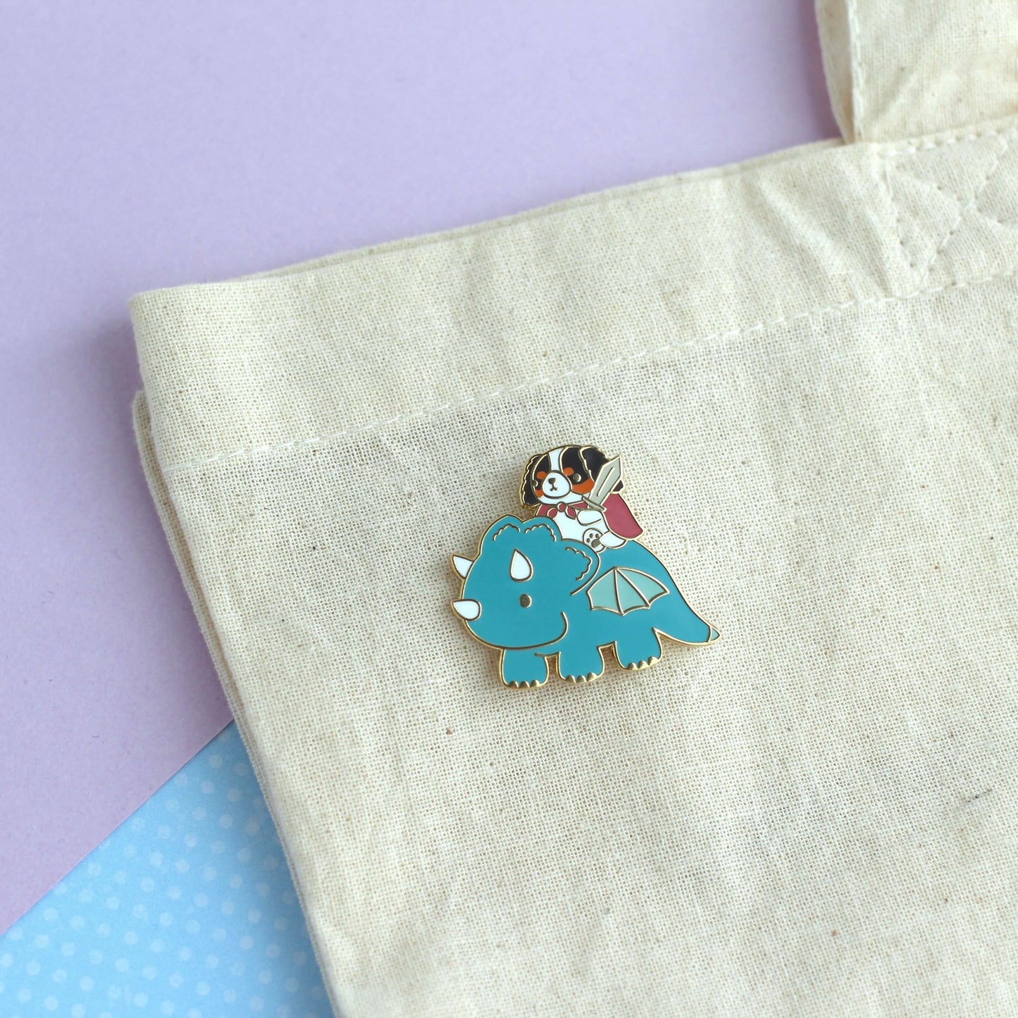 Cavalier King Charles Spaniel Riding a Dragon Enamel Pin (Teal Dragon Variant)