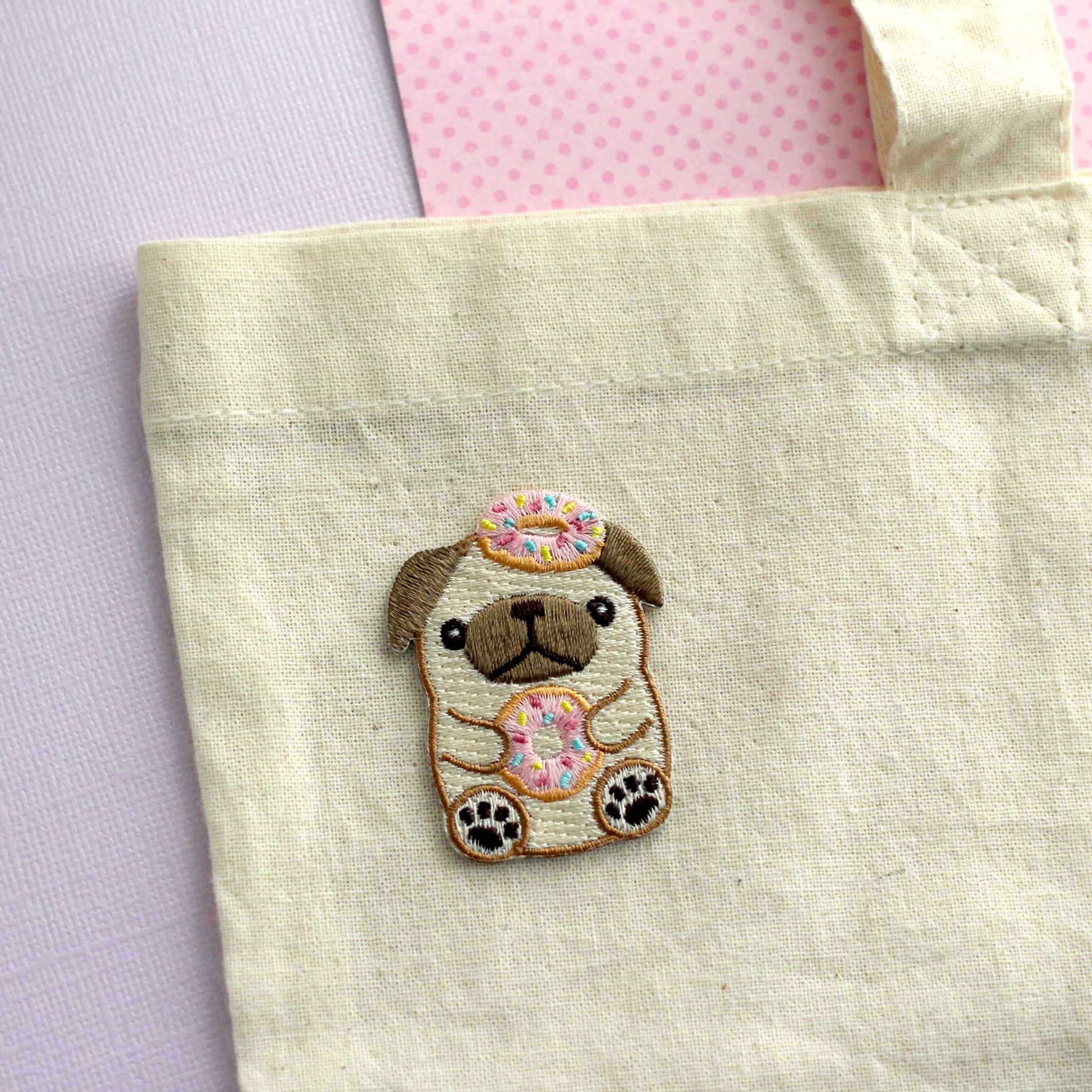 Donut Pug Embroidered Patch. Dog Iron on Patch