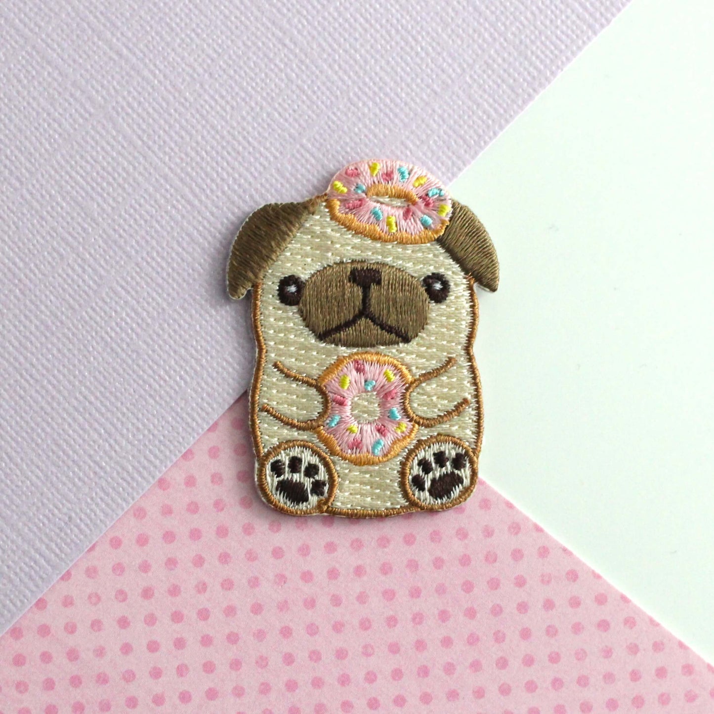 Donut Pug Embroidered Patch. Dog Iron on Patch