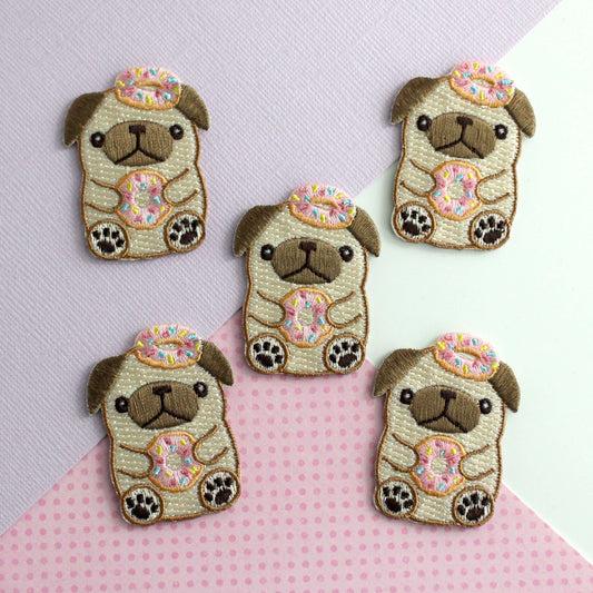 Donut Pug Embroidered Patch. Dog Iron on Patch
