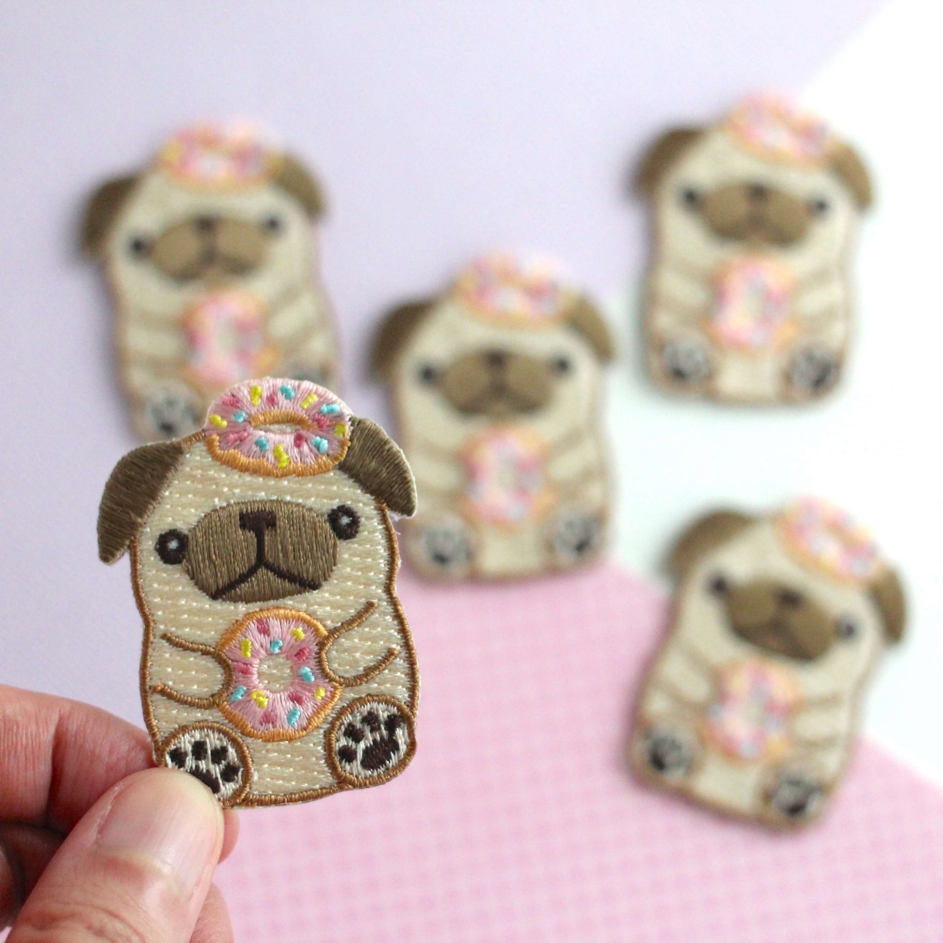 Donut Pug Embroidered Patch. Dog Iron on Patch