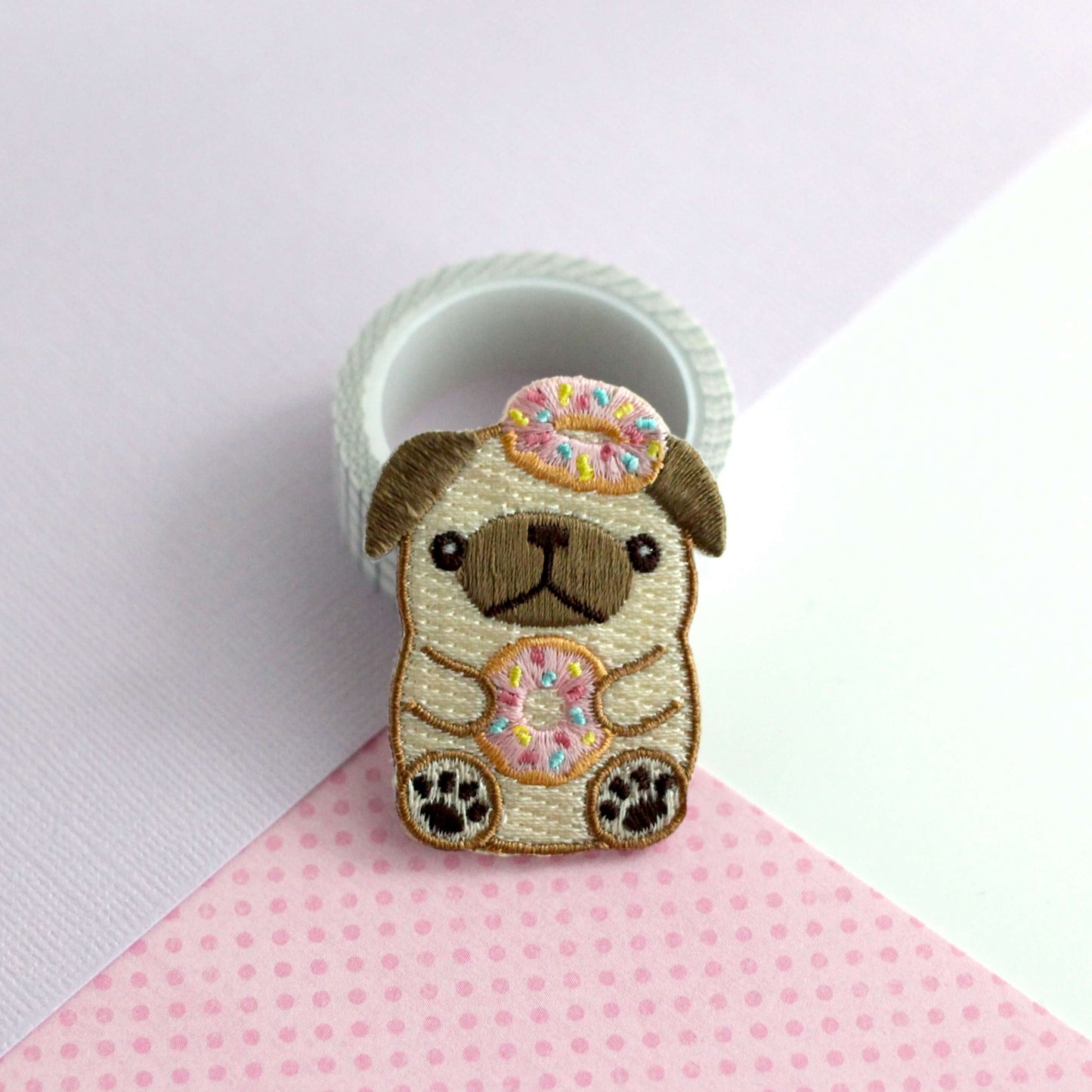 Donut Pug Embroidered Patch. Dog Iron on Patch