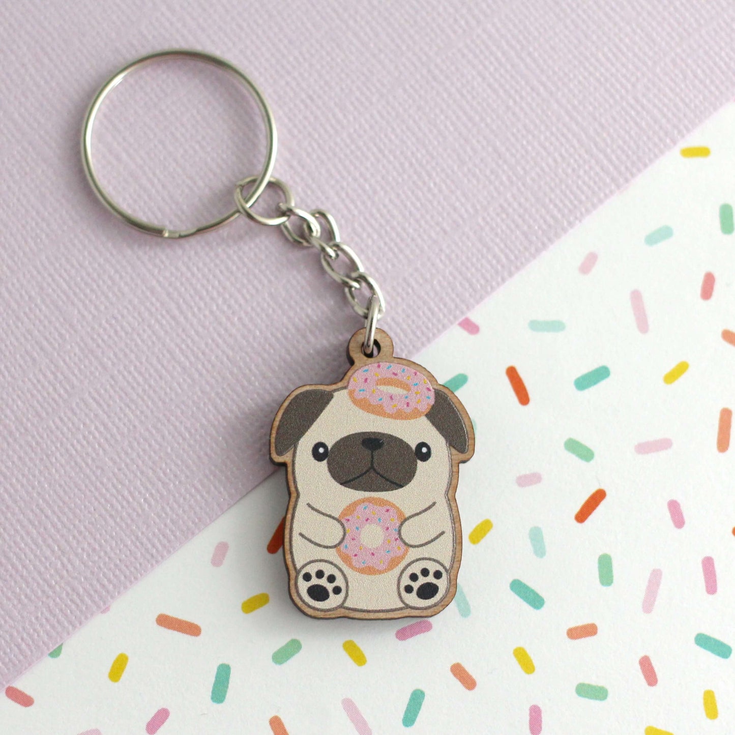Donut Loving Pug Wooden Keychain