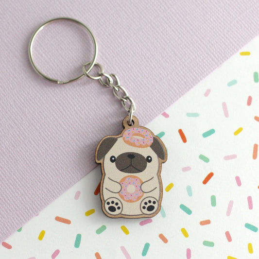 Donut Loving Pug Wooden Keychain