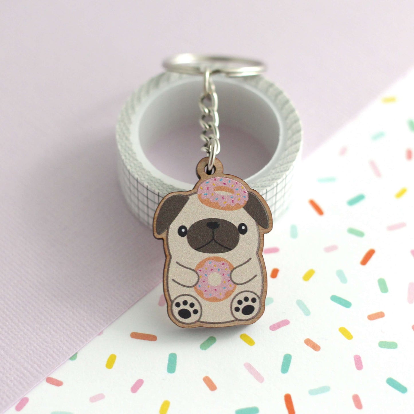 Donut Loving Pug Wooden Keychain